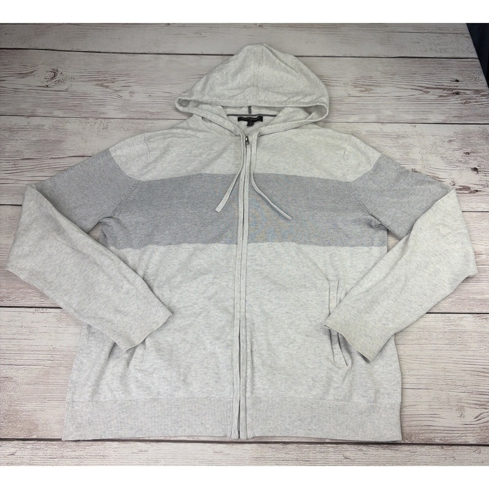 Banana Republic Men's Large Gray Stripe Cotton Full Zip Knit Hoodie Sweater